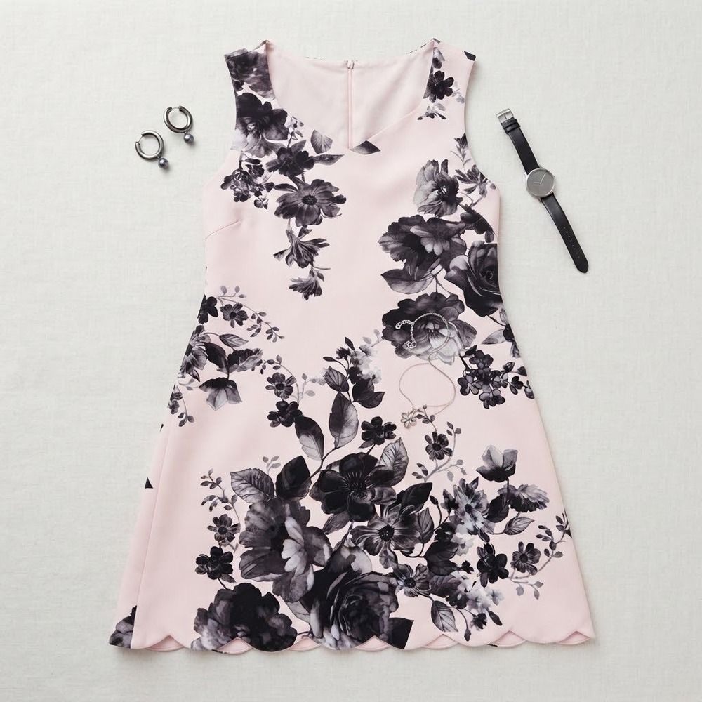 Adrianna Papell Floral Dress Womens 2 Pink Scallop Hem V-Neck Cocktail Wedding